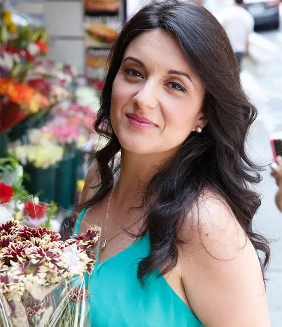 woman wearing dark contressa wig